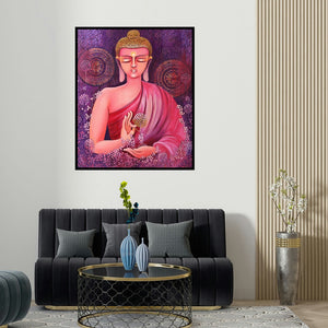 'Buddha A Way Of Living In Freedom (Buddha in Red)' painting by Nitu Chhajer shown on a wall in a furnished room.