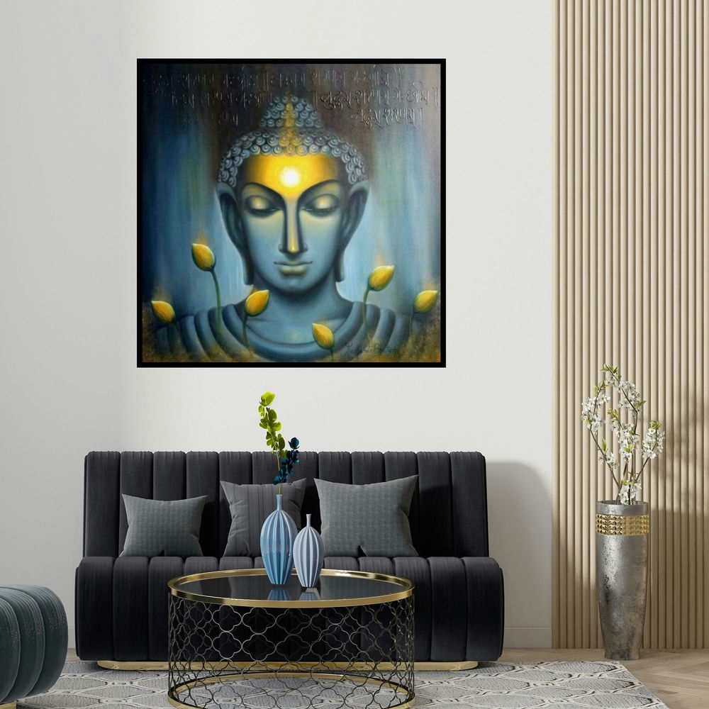 Madhumita Bhattacharya's 'Buddham (Abstract Dancing Couple)' painting visualized above a sofa in a contemporary room.