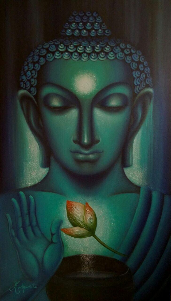 Religious oil painting titled 'Buddham', 42x24 inches, by artist Madhumita Bhattacharya on Canvas