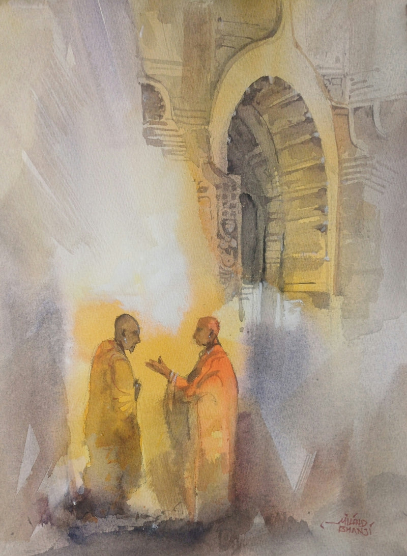 Buddhas Way' religious watercolor painting by artist Milind Bhanji, 16x12 inch, on paper