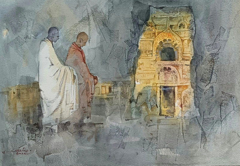 Buddhas Way' religious watercolor painting by artist Milind Bhanji, 15x21 inch, on paper