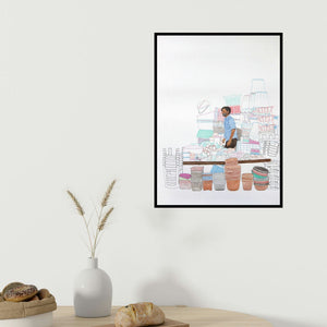 Biplab Sarkar's 'Budh Bazaar 20' painting visualized above a sofa in a contemporary room.