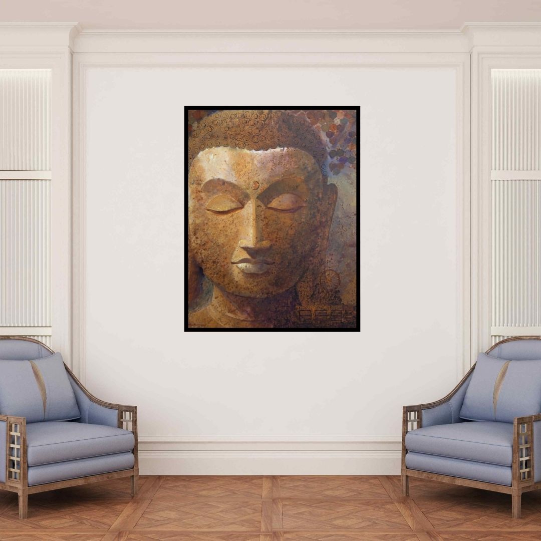 In-situ view of Ram Thorat's 'Budha' painting in a room