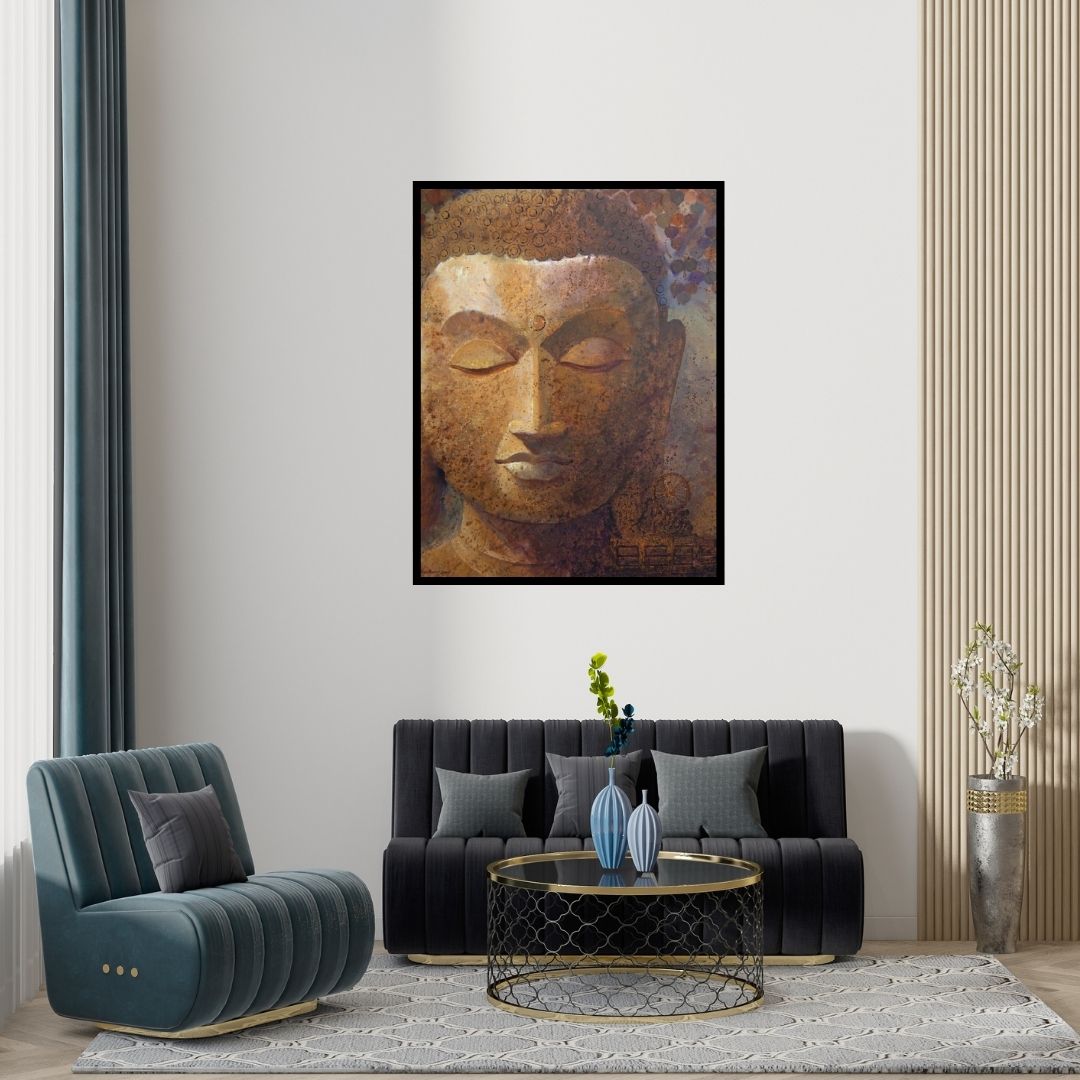 Preview of 'Budha' Painting by Ram Thorat shown on a wall in a furnished room.