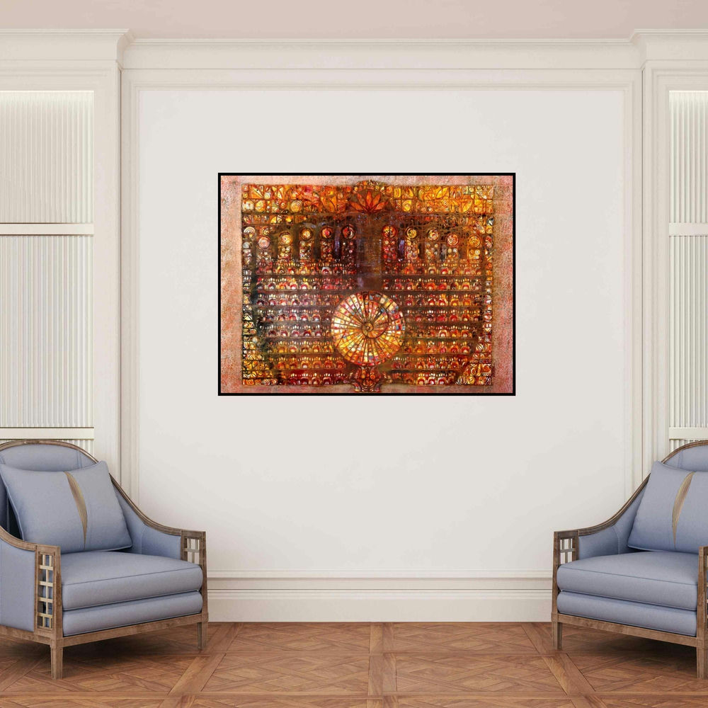 'Budha 2 (The Sacred Geometry of Existence)' painting by Ram Thorat shown on a wall in a furnished room.