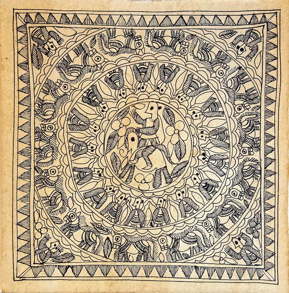Folk Art madhubani traditional art titled 'Budheshwar Of Mahisauth', 8x8 inches, by artist Kailash Devi on Handmade Paper