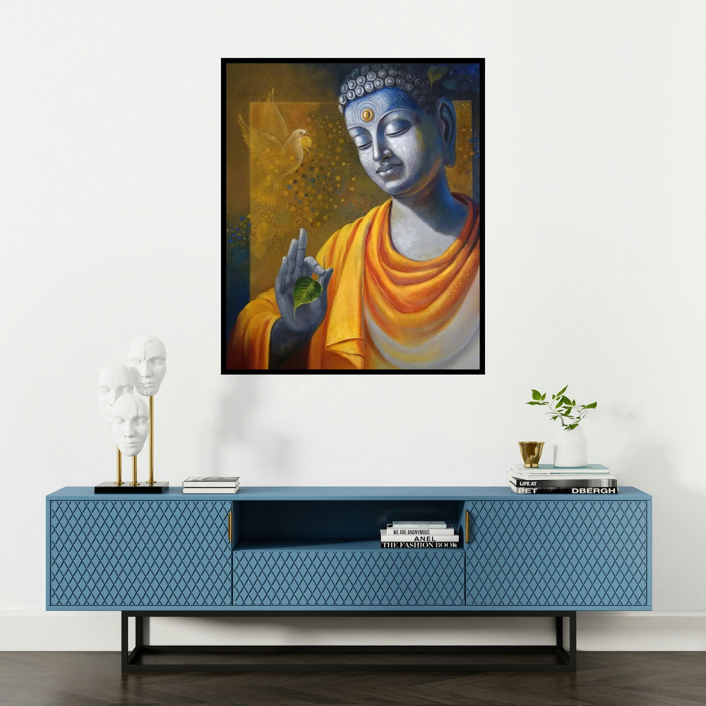 Sanjay Lokhande's 'Budhha Wisdom' painting visualized above a sofa in a contemporary room.