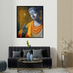 'Budhha Wisdom' painting by Sanjay Lokhande shown on a wall in a furnished room.