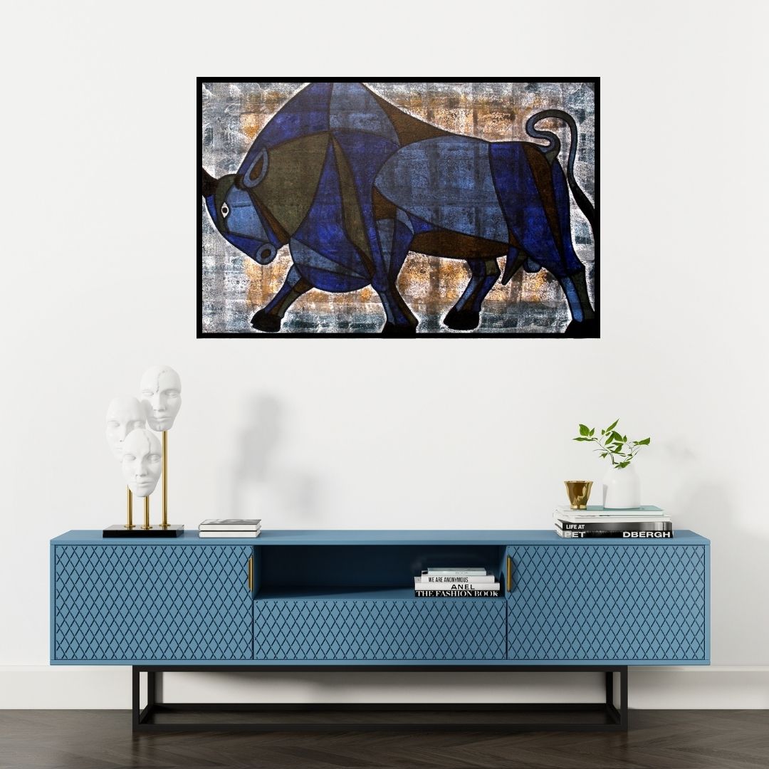 Preview of 'Bull 11 (Bull 41)' Painting by Vijay Belde shown on a wall in a furnished room.