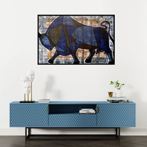 Preview of 'Bull 11 (Bull 41)' Painting by Vijay Belde shown on a wall in a furnished room.