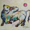 Animals acrylic painting titled 'Bull 15', 10x12 inches, by artist Shivu Hugar on Board