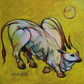 Animals acrylic painting titled 'Bull 16', 10x12 inches, by artist Shivu Hugar on Board