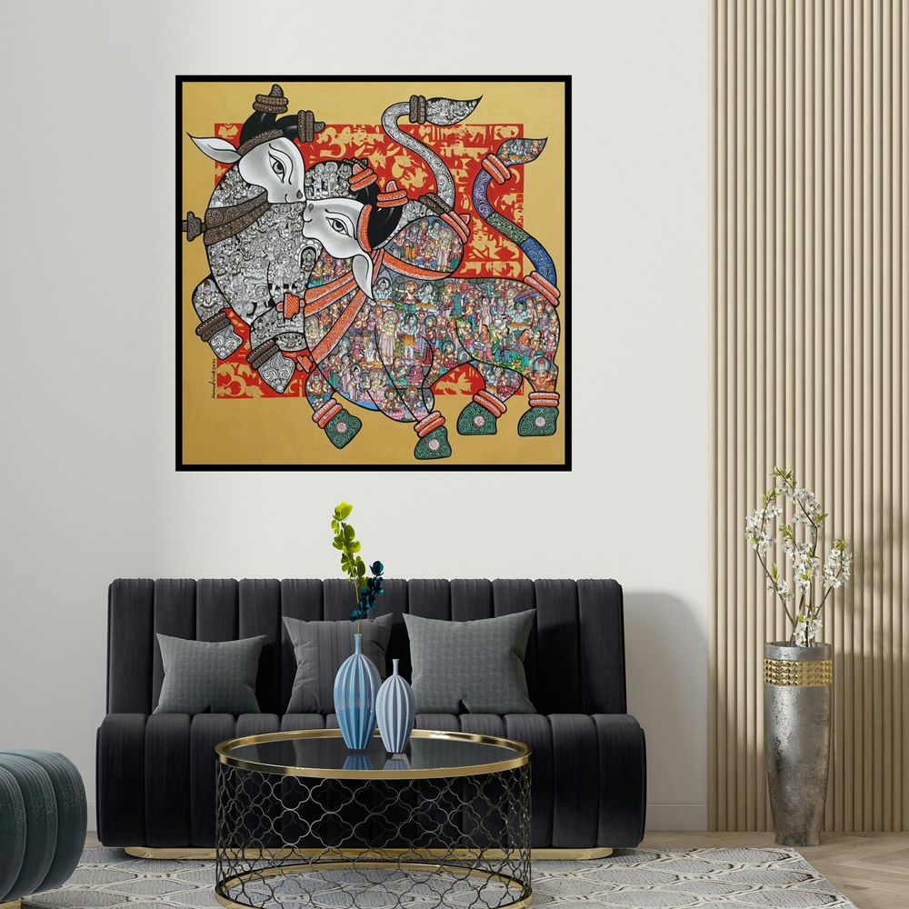 Vivek Kumavat's 'Bull (Sacred Nandi Pair)' painting visualized above a sofa in a contemporary room.