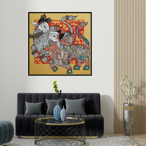 Vivek Kumavat's 'Bull (Sacred Nandi Pair)' painting visualized above a sofa in a contemporary room.