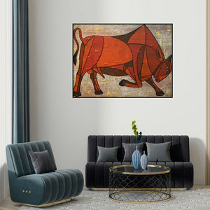Vijay Belde's 'Bull 17 (Bull 46)' painting visualized above a sofa in a contemporary room.