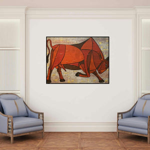 'Bull 17 (Bull 46)' painting by Vijay Belde shown on a wall in a furnished room.