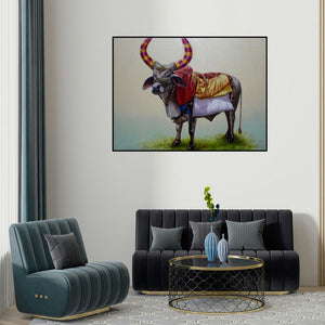 Yuvraj Patil's 'Bull (Decorated Bull)' painting visualized above a sofa in a contemporary room.