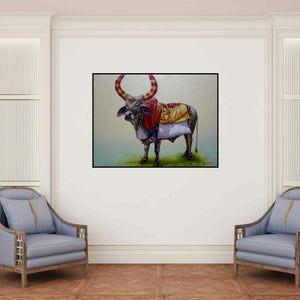 'Bull (Decorated Bull)' painting by Yuvraj Patil shown on a wall in a furnished room.