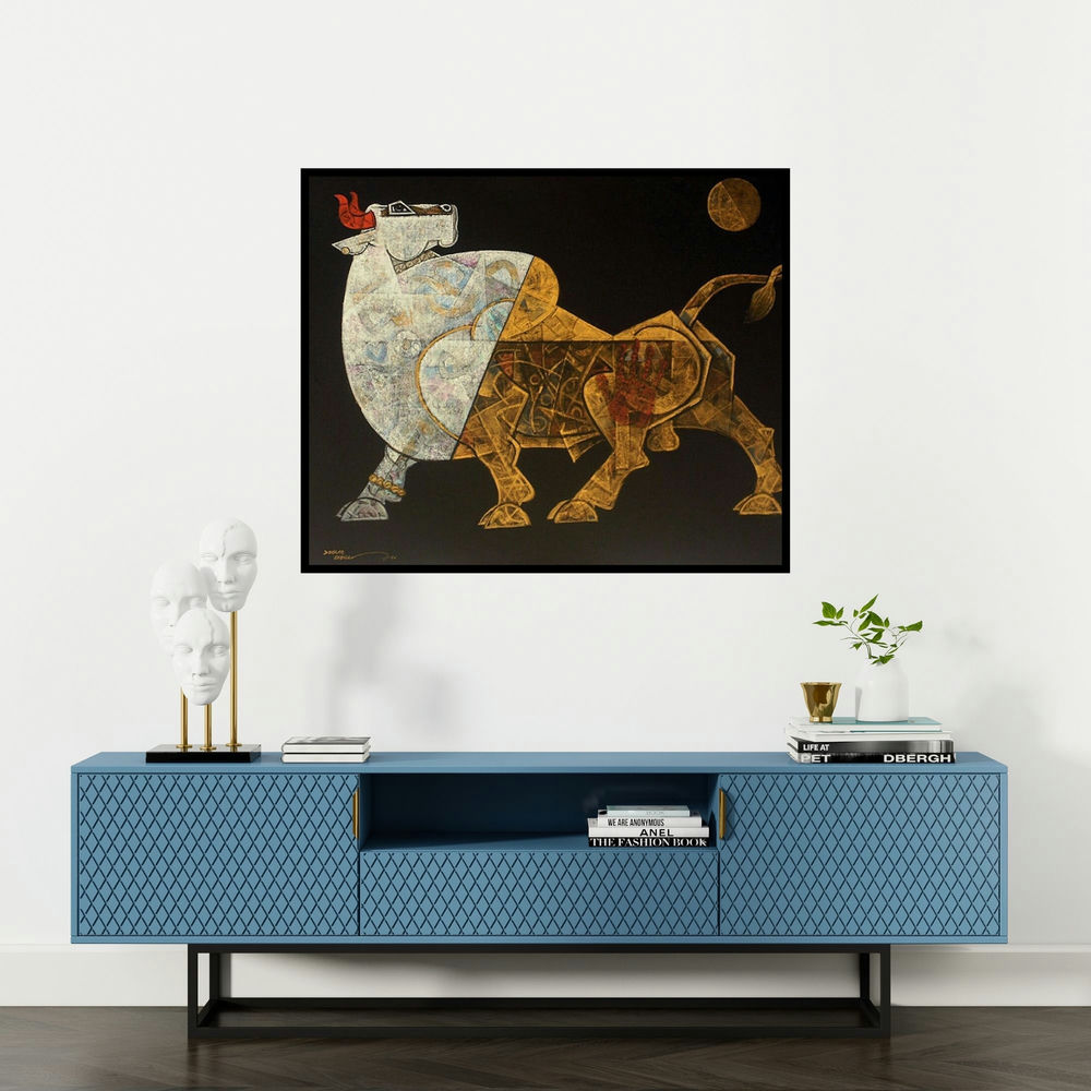 Dinkar Jadhav's 'Bull 2' painting visualized above a sofa in a contemporary room.