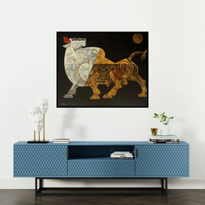Dinkar Jadhav's 'Bull 2' painting visualized above a sofa in a contemporary room.