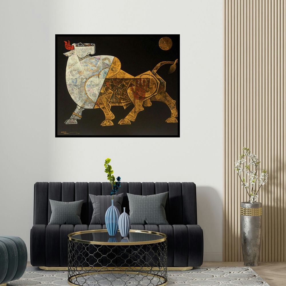 'Bull 2' painting by Dinkar Jadhav shown on a wall in a furnished room.