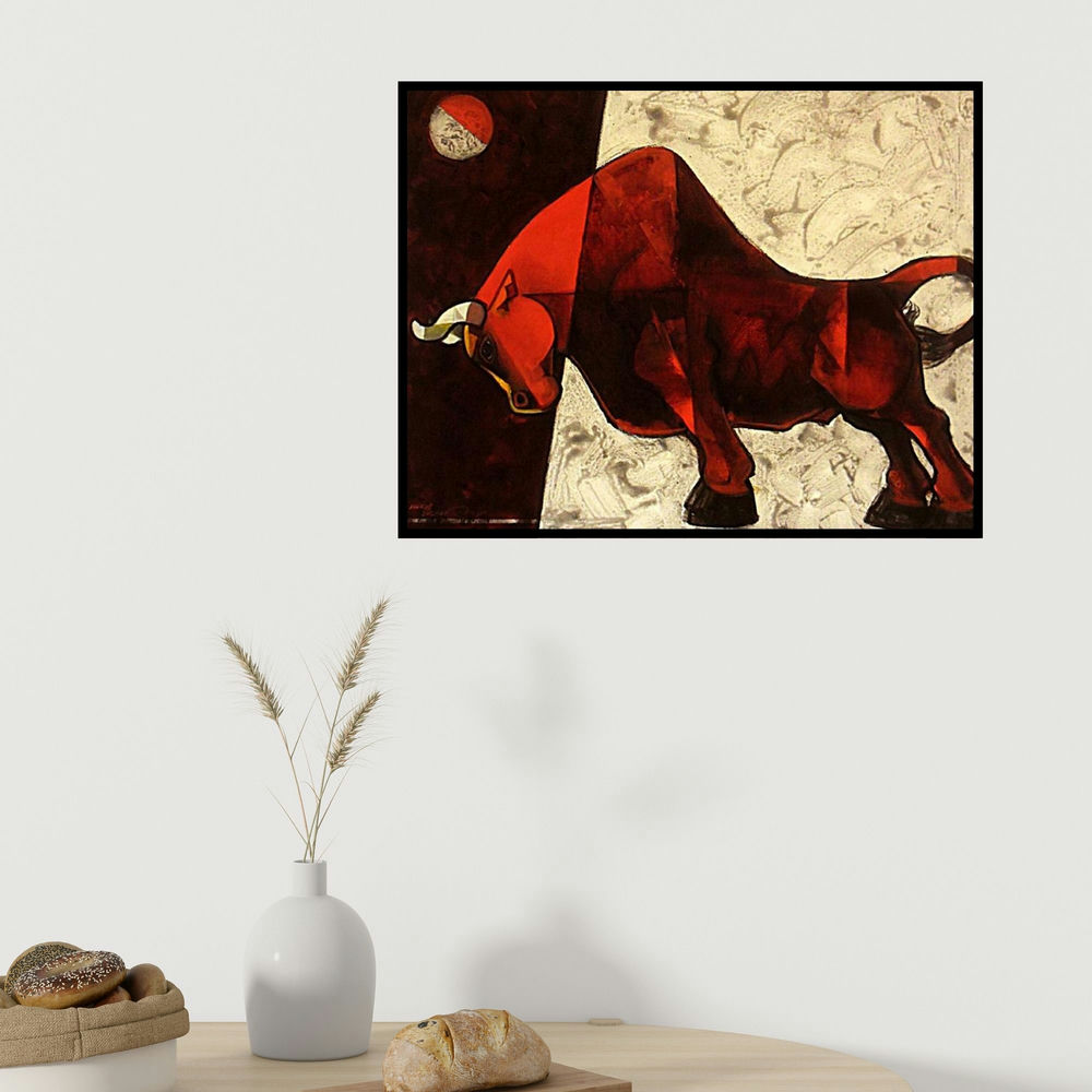 Dinkar Jadhav's 'Bull 2' painting visualized above a sofa in a contemporary room.