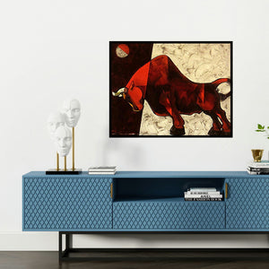 'Bull 2' painting by Dinkar Jadhav shown on a wall in a furnished room.