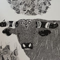 Bull 27' animals pen drawing by artist Rama Krishna V, 14x14 inch, on paper
