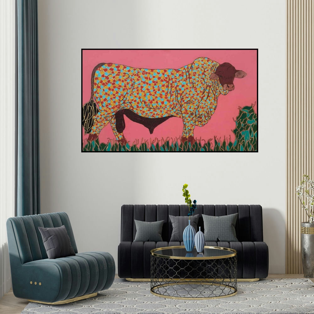 Rama Krishna V's 'Bull 3 (A Bovine Tapestry)' painting visualized above a sofa in a contemporary room.