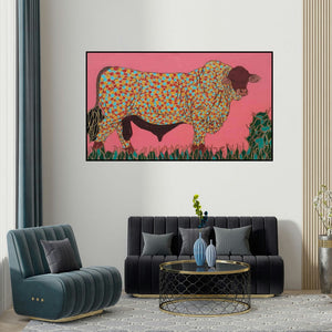 Rama Krishna V's 'Bull 3 (A Bovine Tapestry)' painting visualized above a sofa in a contemporary room.