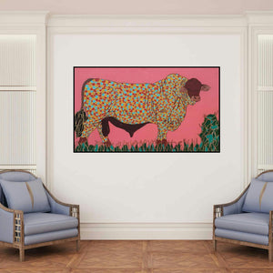 'Bull 3 (A Bovine Tapestry)' painting by Rama Krishna V shown on a wall in a furnished room.