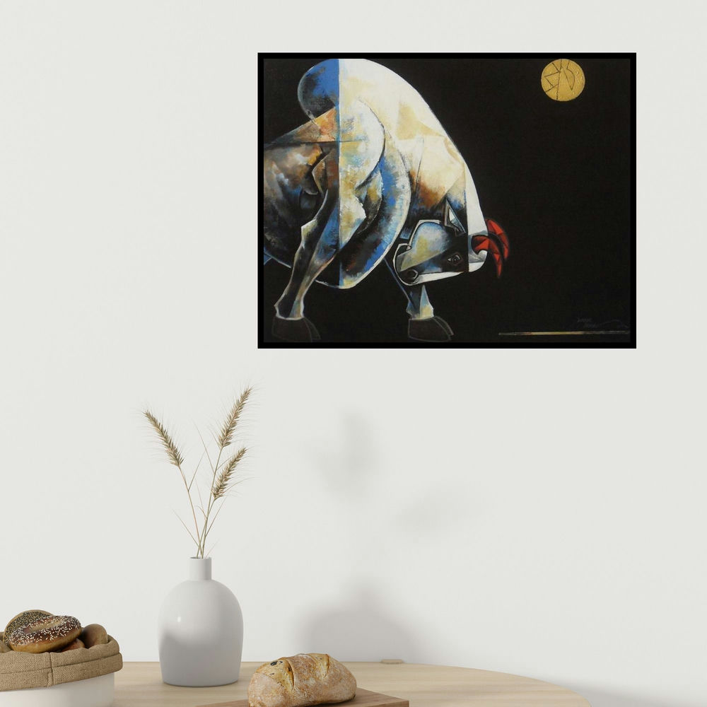 Dinkar Jadhav's 'Bull 3' painting visualized above a sofa in a contemporary room.