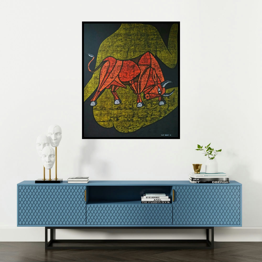 Vijay Belde's 'Bull 34 (Inner Strength)' painting visualized above a sofa in a contemporary room.