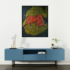 Vijay Belde's 'Bull 34 (Inner Strength)' painting visualized above a sofa in a contemporary room.