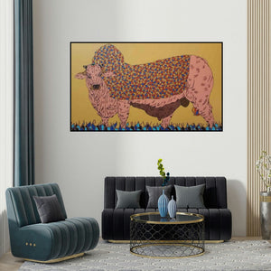 Rama Krishna V's 'Bull 4' painting visualized above a sofa in a contemporary room.