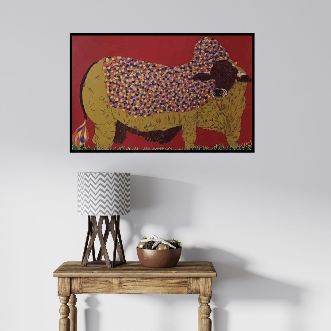 In-situ view of Rama Krishna V's 'Bull 5' painting in a room