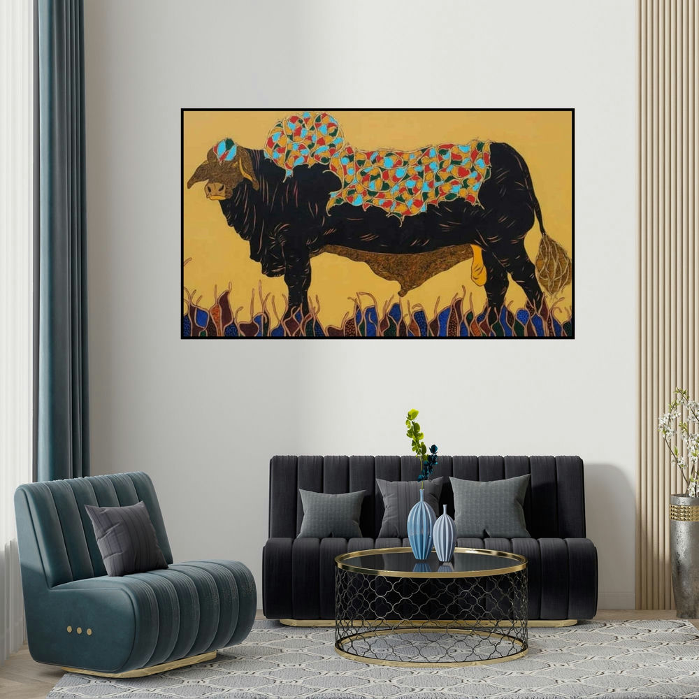 Rama Krishna V's 'Bull 5 (Majestic Bull)' painting visualized above a sofa in a contemporary room.