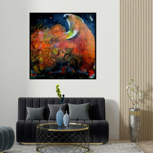 Madan Lal's 'Bull (Untitled)' painting visualized above a sofa in a contemporary room.