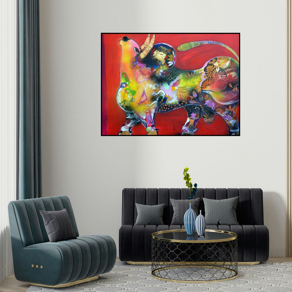 Madan Lal's 'The Bull' painting visualized above a sofa in a contemporary room.