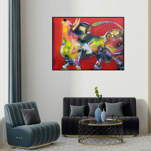 Madan Lal's 'The Bull' painting visualized above a sofa in a contemporary room.