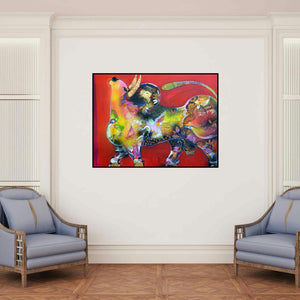 'The Bull' painting by Madan Lal shown on a wall in a furnished room.