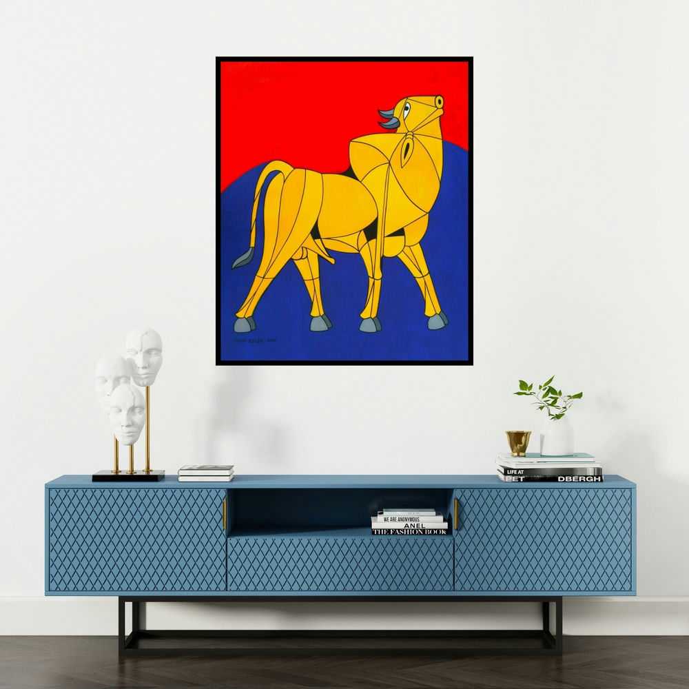 Vijay Belde's 'Bull 90 (Strength and Majesty)' painting visualized above a sofa in a contemporary room.