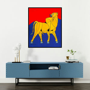 Vijay Belde's 'Bull 90 (Strength and Majesty)' painting visualized above a sofa in a contemporary room.