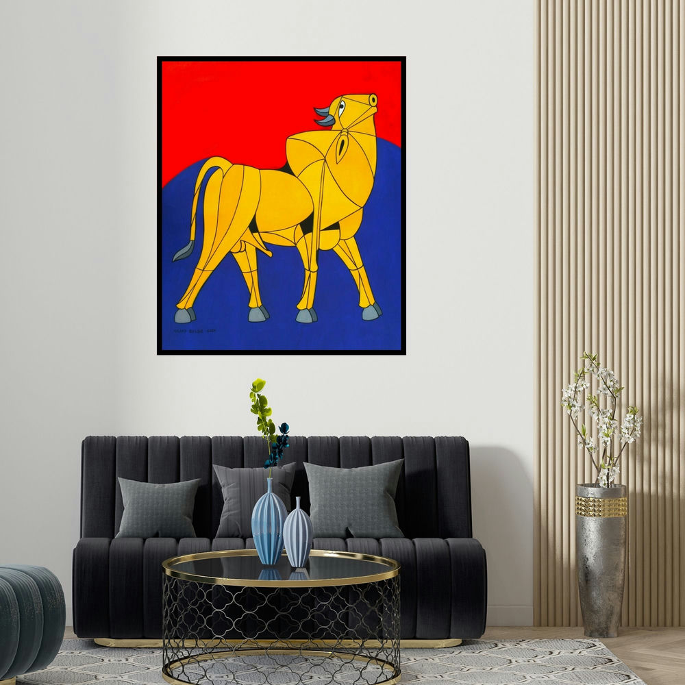 'Bull 90 (Strength and Majesty)' painting by Vijay Belde shown on a wall in a furnished room.