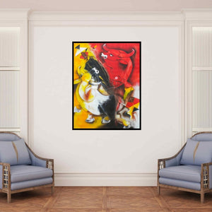 In-situ view of Uttam Manna's 'Bull And Kite (Dance of the Bulls)' painting in a room