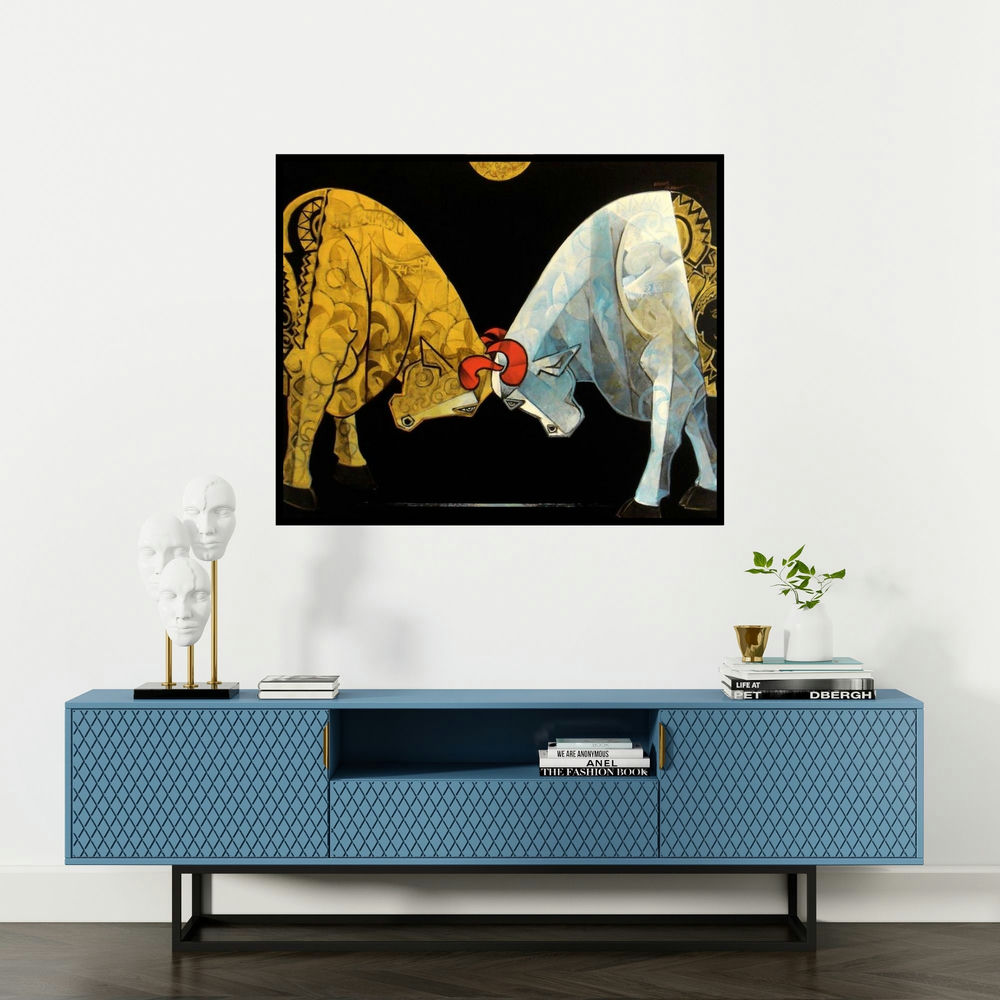 Dinkar Jadhav's 'Bull Bendur' painting visualized above a sofa in a contemporary room.