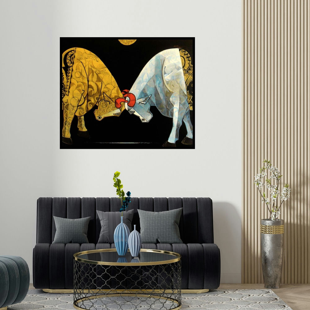 'Bull Bendur' painting by Dinkar Jadhav shown on a wall in a furnished room.