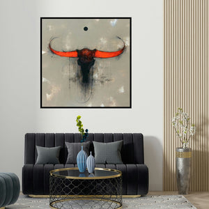 Amol Pawar's 'Bull Face' painting visualized above a sofa in a contemporary room.