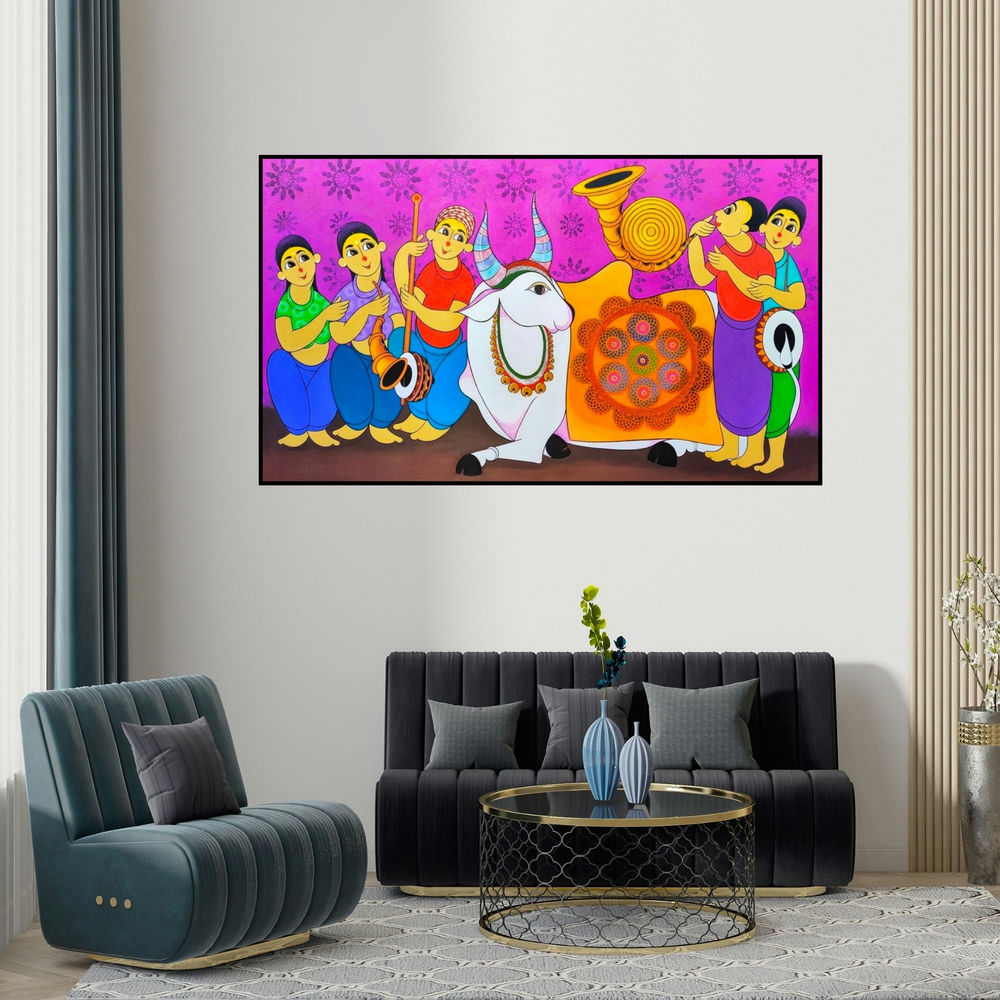 Dnyaneshwar Bembade's 'Bull Festivel (A Celebration of Life)' painting visualized above a sofa in a contemporary room.