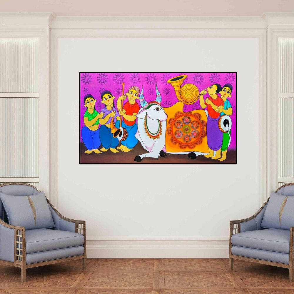 'Bull Festivel (A Celebration of Life)' painting by Dnyaneshwar Bembade shown on a wall in a furnished room.